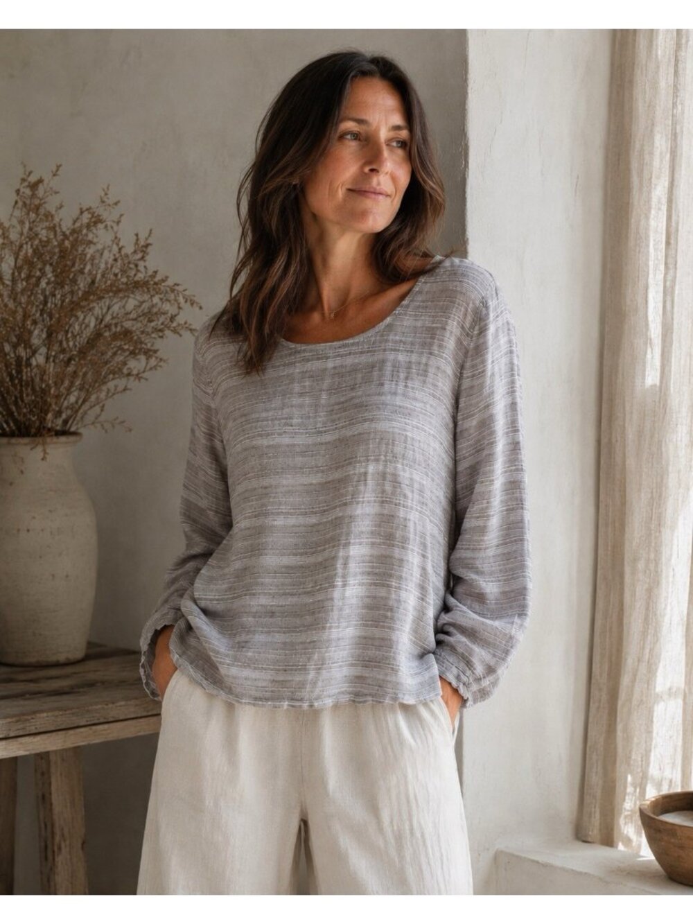 FLAX Womens Linen Top Sz Petite Gray Stripe Shirt Lagenlook Coastal Minimalist